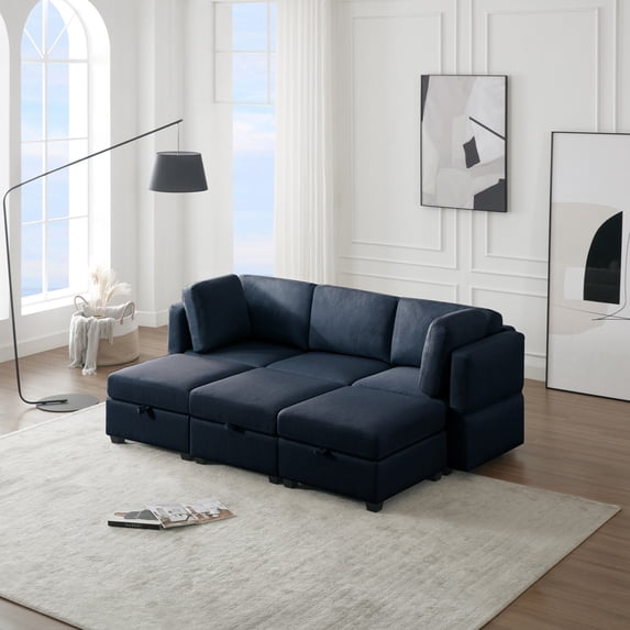 JONPONY 87.9" Modular Sectional Sofa Couch Bed with Storage 6 Seater, Sleeper Sofa Bed Couch with Reversible Chaise Ottomans, Adjustable Arms and Backs,Blue
