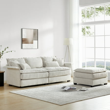 JONPONY 95" Luxury Sectional Sofa with Bentwood Armrests,4 seat Upholstered Indoor Furniture with Double Cushions,L Shape Couch with Ottoman for Living Room,Beige
