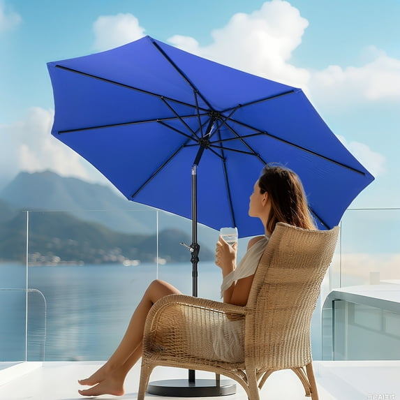 JONPONY 9FT Outdoor Patio Umbrella with Push Button Tilt and Crank, UV Protection & Waterproof, Market Table Umbrella with 8 Sturdy Ribs for Garden, Deck, Backyard, Pool, Blue