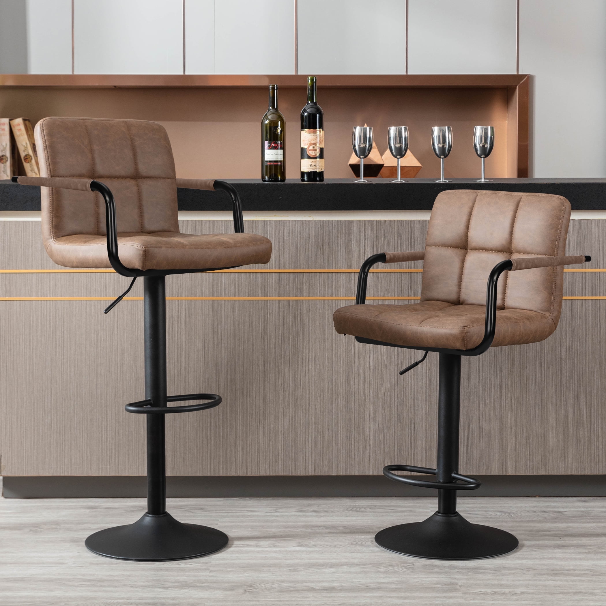 JONPONY Bar Stools Set of 2, Back and Armrest,Vintage Leather Modern ...