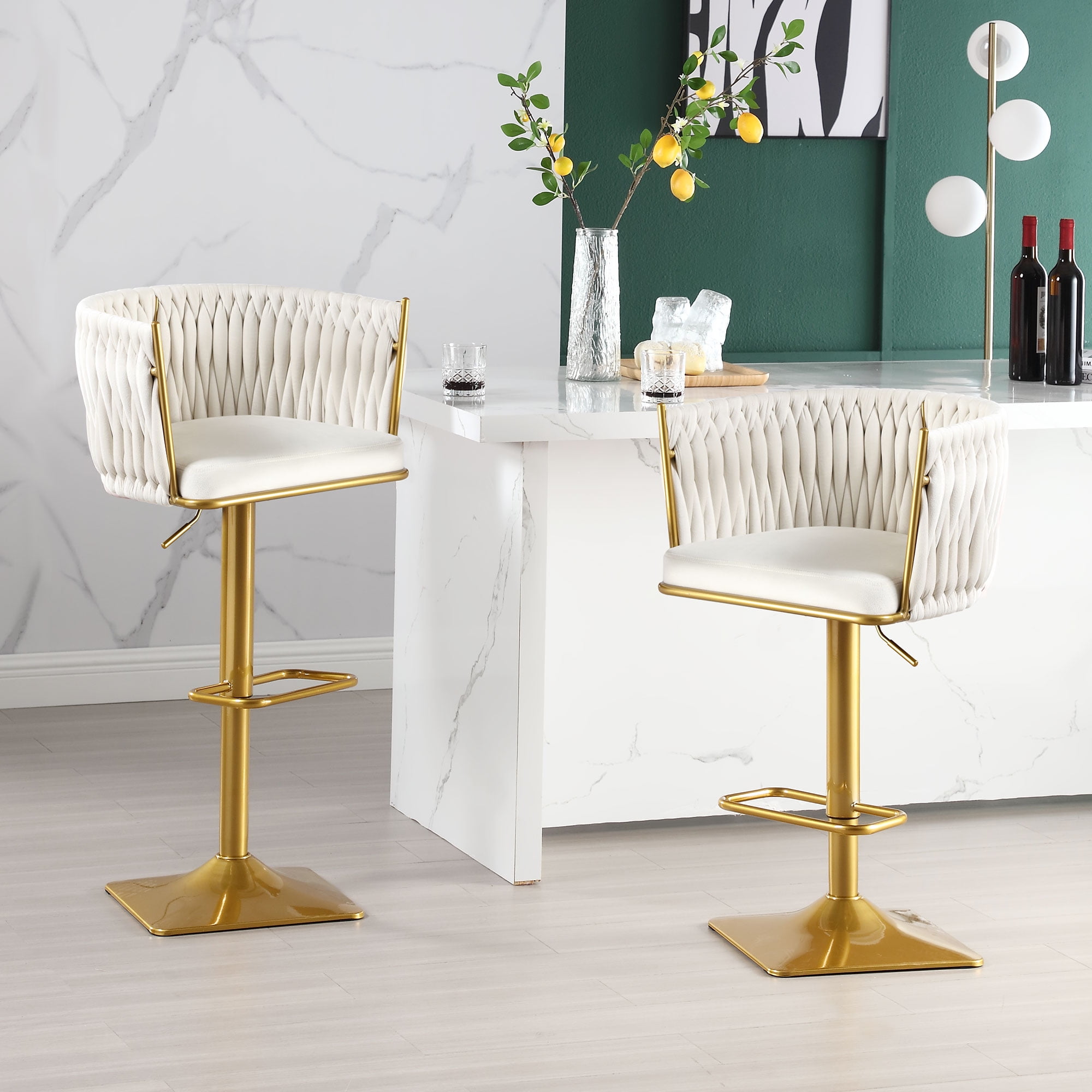 JONPONY Bar Stools Set of 2,Gold Velvet Bar Stools,Counter Height Bar