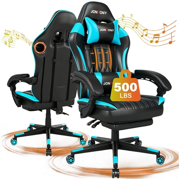 JONPONY Big and Tall Gaming Chair with Bluetooth Speakers Gamer Chair with Footrest Game Chair with Lumbar Support and 360-Swivel Seat and Headrest for Adults, Blue