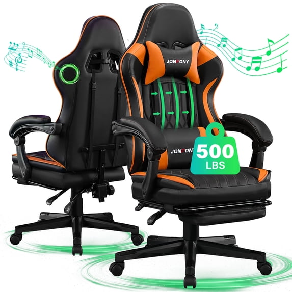JONPONY Big and Tall 400lbs Gaming Chair with Bluetooth Speakers Gamer Chair with Footrest Game Chair with Lumbar Support and 360-Swivel Seat and Headrest for Adults, Orange