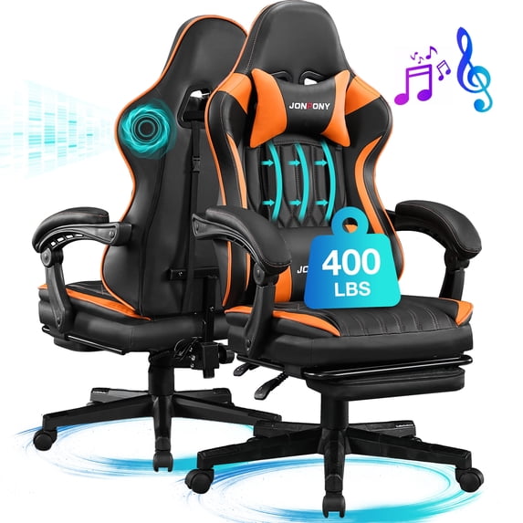 JONPONY Big and Tall 400lbs Gaming Chair with Bluetooth Speakers Gamer Chair with Footrest Game Chair with Lumbar Support and 360-Swivel Seat and Headrest for Adults, Orange