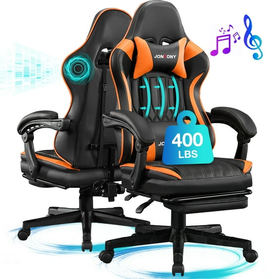 JONPONY Big and Tall 400lbs Gaming Chair with Bluetooth Speakers Gamer Chair with Footrest Game Chair with Lumbar Support and 360-Swivel Seat and Headrest for Adults, Orange