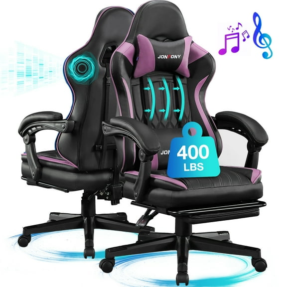 JONPONY Big and Tall 400lbs Gaming Chair with Bluetooth Speakers Gamer Chair with Footrest Game Chair with Lumbar Support and 360-Swivel Seat and Headrest for Adults, Purple