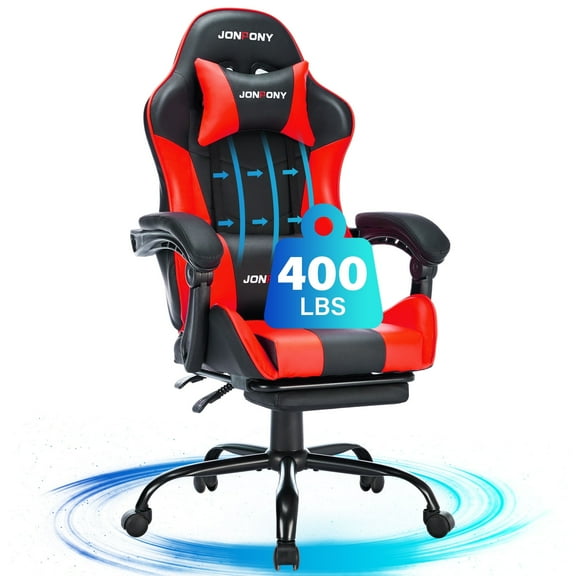 JONPONY Big and Tall 400LBS Gaming Chair, Ergonomic Design, Gamer Chair PU Leather with Footrest and Lumbar Support, High Back Office Chair Support 8 Hours Long Sitting, Computer Chair,Red
