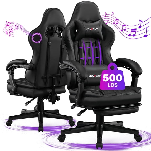 JONPONY Big and Tall 400lbs Gaming Chair with Bluetooth Speakers Gamer Chair with Footrest Game Chair with Lumbar Support and 360-Swivel Seat and Headrest for Adults, Black