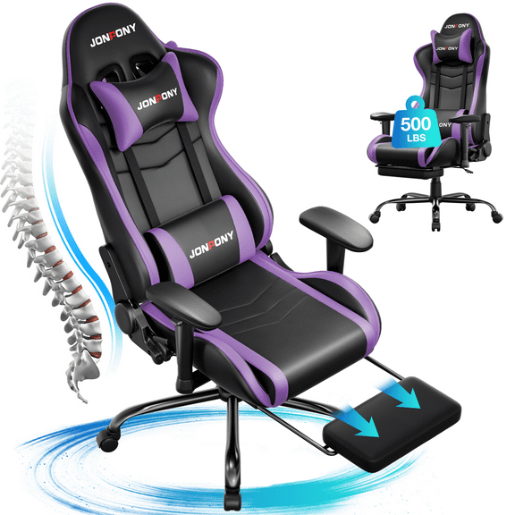 JONPONY Big and Tall 500LBS Gaming Chair, Ergonomic Design, Gamer Chair PU Leather with Footrest and Lumbar Support, High Back Office Chair Support 8 Hours Long Sitting, Computer Chair,Purple