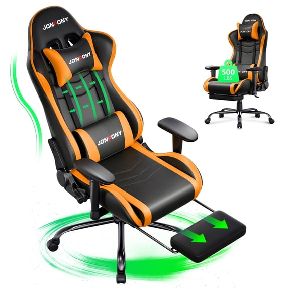 JONPONY Big and Tall Gaming Chair, Ergonomic Design, Gamer Chair PU Leather with Footrest and Lumbar Support, High Back Office Chair Support 8 Hours Long Sitting, Computer Chair,Orange