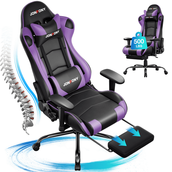 JONPONY Big and Tall 500LBS Gaming Chair, Ergonomic Design, Gamer Chair PU Leather with Footrest and Lumbar Support, High Back Office Chair Support 8 Hours Long Sitting,Purple Computer Chair,Purple