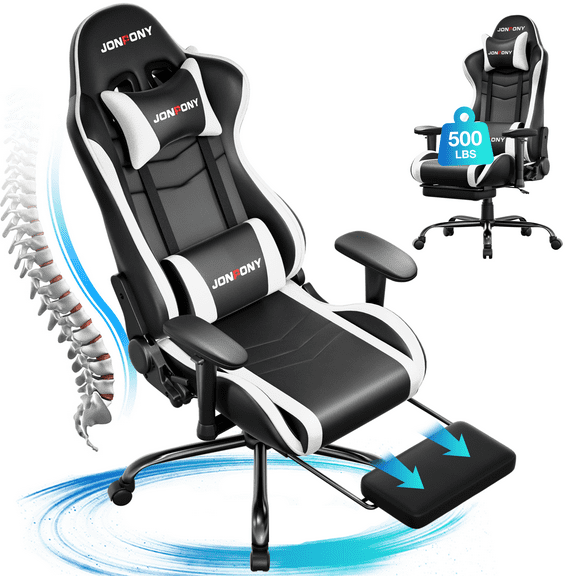 JONPONY Big and Tall 500LBS Gaming Chair, Ergonomic Design, Gamer Chair PU Leather with Footrest and Lumbar Support, High Back Office Chair Support 8 Hours Long Sitting, Computer Chair,White