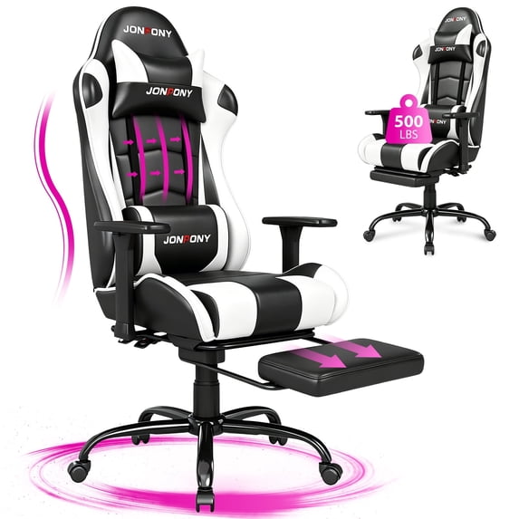 JONPONY Big and Tall 500LBS Gaming Chair, 3D Armrests Gamer Chair PU Leather with Footrest and Lumbar Support, Ergonomic Design, High Back Game Chair Support Long Sitting, White Computer Chair