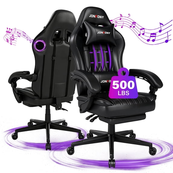 JONPONY Big and Tall Gaming Chair with Bluetooth Speakers Gamer Chair with Footrest Game Chair with Lumbar Support and 360-Swivel Seat and Headrest for Adults, Black
