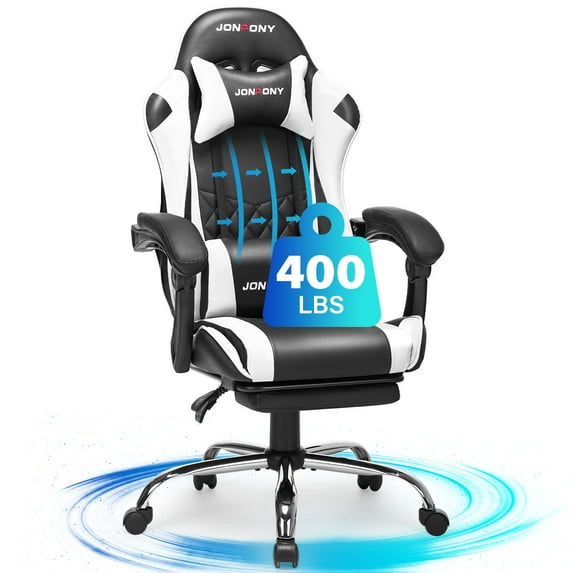 JONPONY Big and Tall 400LBS Gaming Chair, Ergonomic Design, Gamer Chair PU Leather with Footrest and Lumbar Support, High Back Office Chair Support 8 Hours Long Sitting, Computer Chair,White
