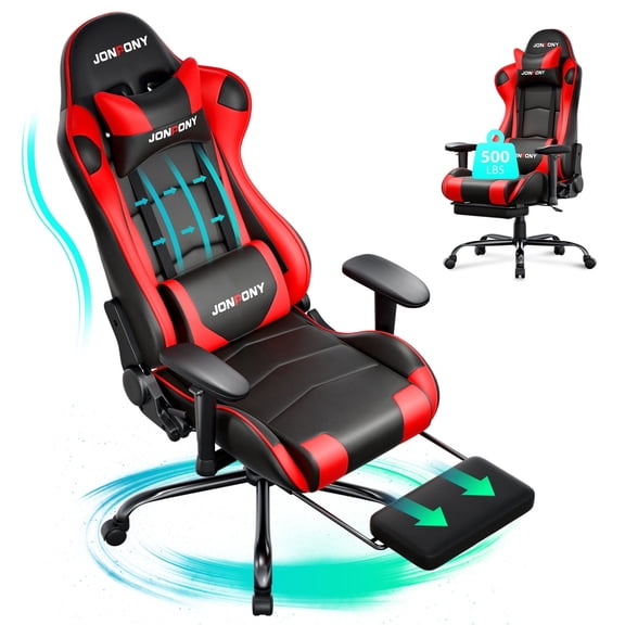 JONPONY Big and Tall Gaming Chair, Ergonomic Design, Gamer Chair PU Leather with Footrest and Lumbar Support, High Back Office Chair Support 8 Hours Long Sitting,Red Computer Chair,Red