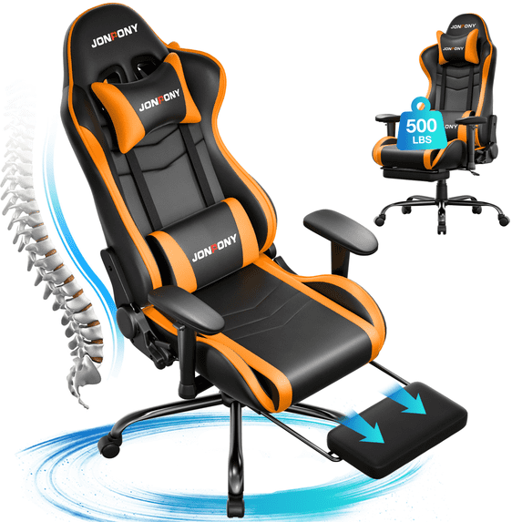 JONPONY Big and Tall Gaming Chair, Ergonomic Design, Gamer Chair PU Leather with Footrest and Lumbar Support, High Back Office Chair Support 8 Hours Long Sitting, Computer Chair,Orange