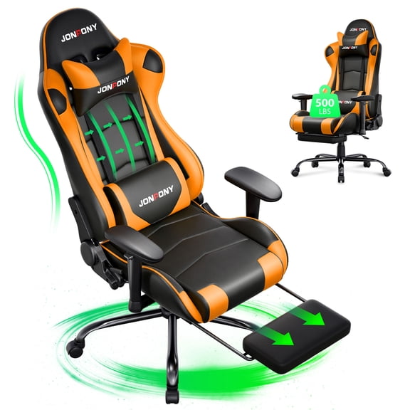 JONPONY Big and Tall Gaming Chair, Ergonomic Design, Gamer Chair PU Leather with Footrest and Lumbar Support, High Back Office Chair Support 8 Hours Long Sitting, Computer Chair,Orange