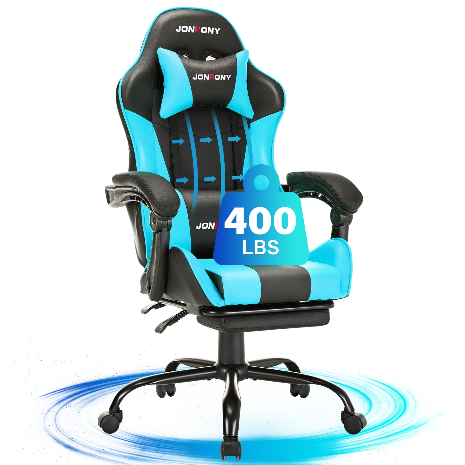 JONPONY Big and Tall 400LBS Gaming Chair, Ergonomic Design, Gamer Chair PU Leather with Footrest and Lumbar Support, High Back Office Chair Support 8 Hours Long Sitting, Computer Chair,Blue