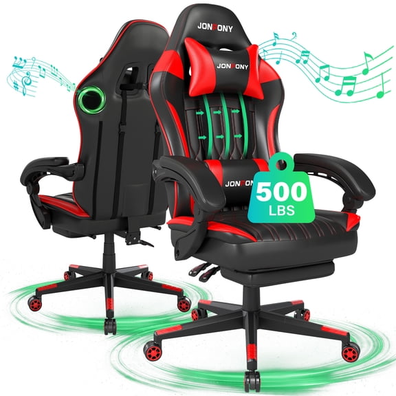 JONPONY Big and Tall Gaming Chair with Bluetooth Speakers Gamer Chair with Footrest Game Chair with Lumbar Support and 360-Swivel Seat and Headrest for Adults, Red