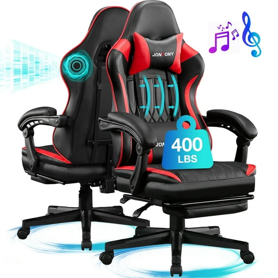 JONPONY Big and Tall 400lbs Gaming Chair with Bluetooth Speakers Gamer Chair with Footrest Game Chair with Lumbar Support and 360-Swivel Seat and Headrest for Adults, Red