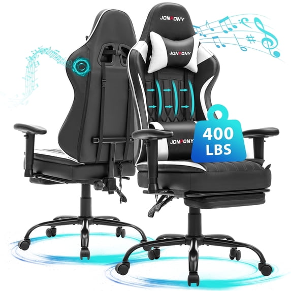 JONPONY Big and Tall 400lbs Gaming Chair with Bluetooth Speakers, Gamer Chair with Footrest and Lumbar Support & 360-Swivel Seat, Ergonomic Gamer Chair with Headrest, White