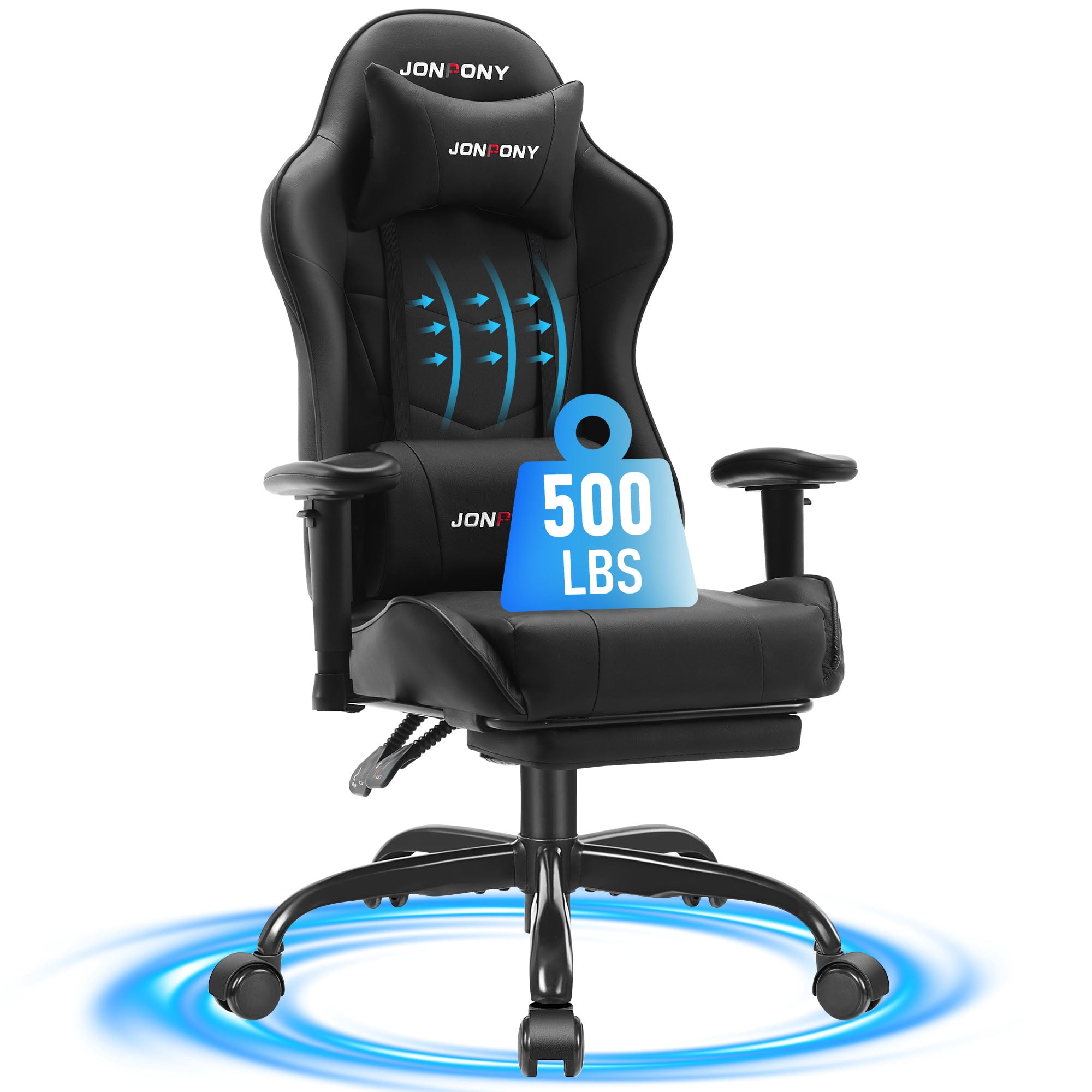 JONPONY Big and Tall 500LBS Gaming Chair with Footrest and Lumbar Support, High Back Ergonomic Recliner,Height Adjustable Leather Computer Desk Chair for Home Office, Black