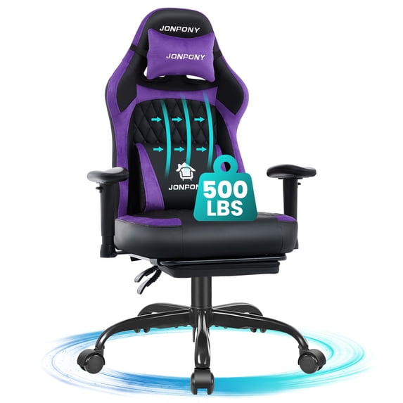 JONPONY Big and Tall 500LBS Ergonomic Gaming Chair, Gamer Chair PU Leather with Footrest and Lumbar Support, High Back Office Chair Support 8 Hours Long Sitting, Computer Chair,2D Armrests,Purple