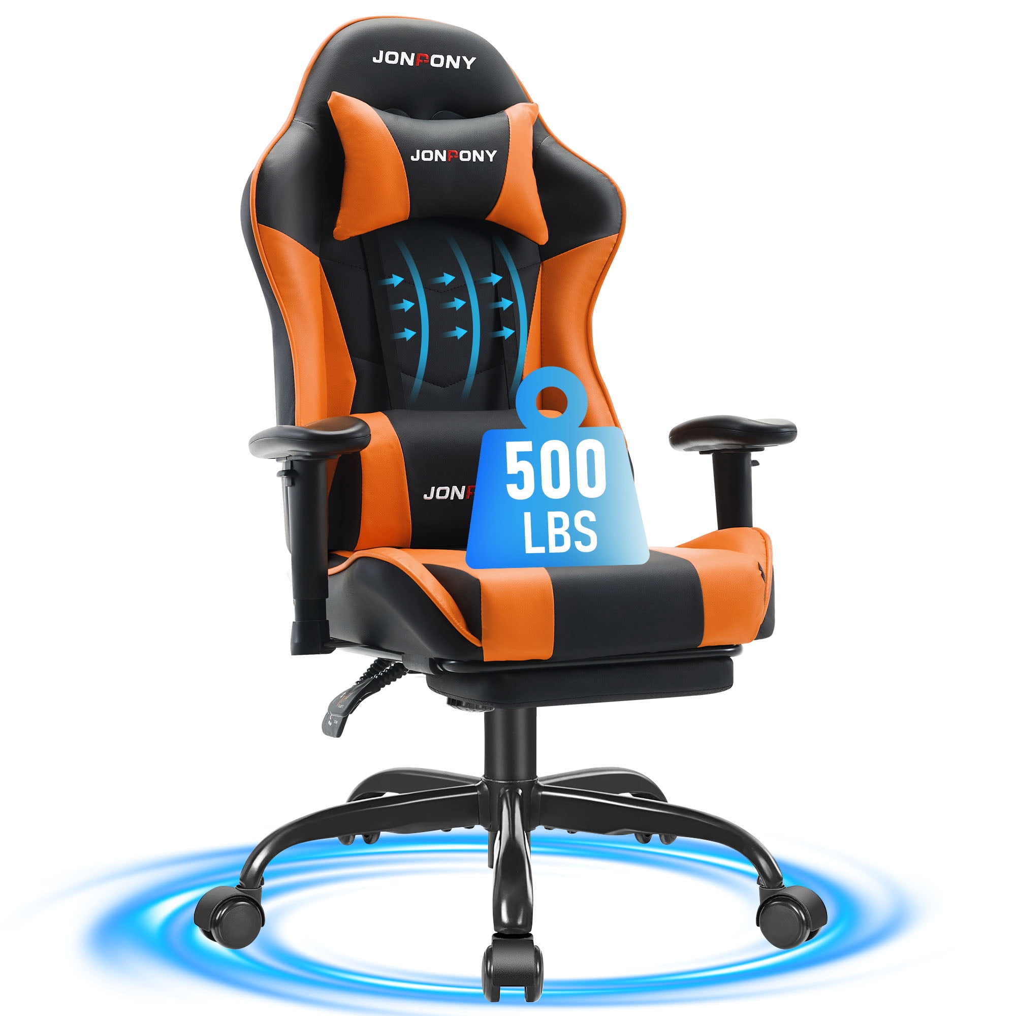 JONPONY Big and Tall 500LBS Gaming Chair with Footrest and Lumbar Support, High Back Ergonomic Recliner,Height Adjustable Leather Computer Desk Chair for Home Office, Orange