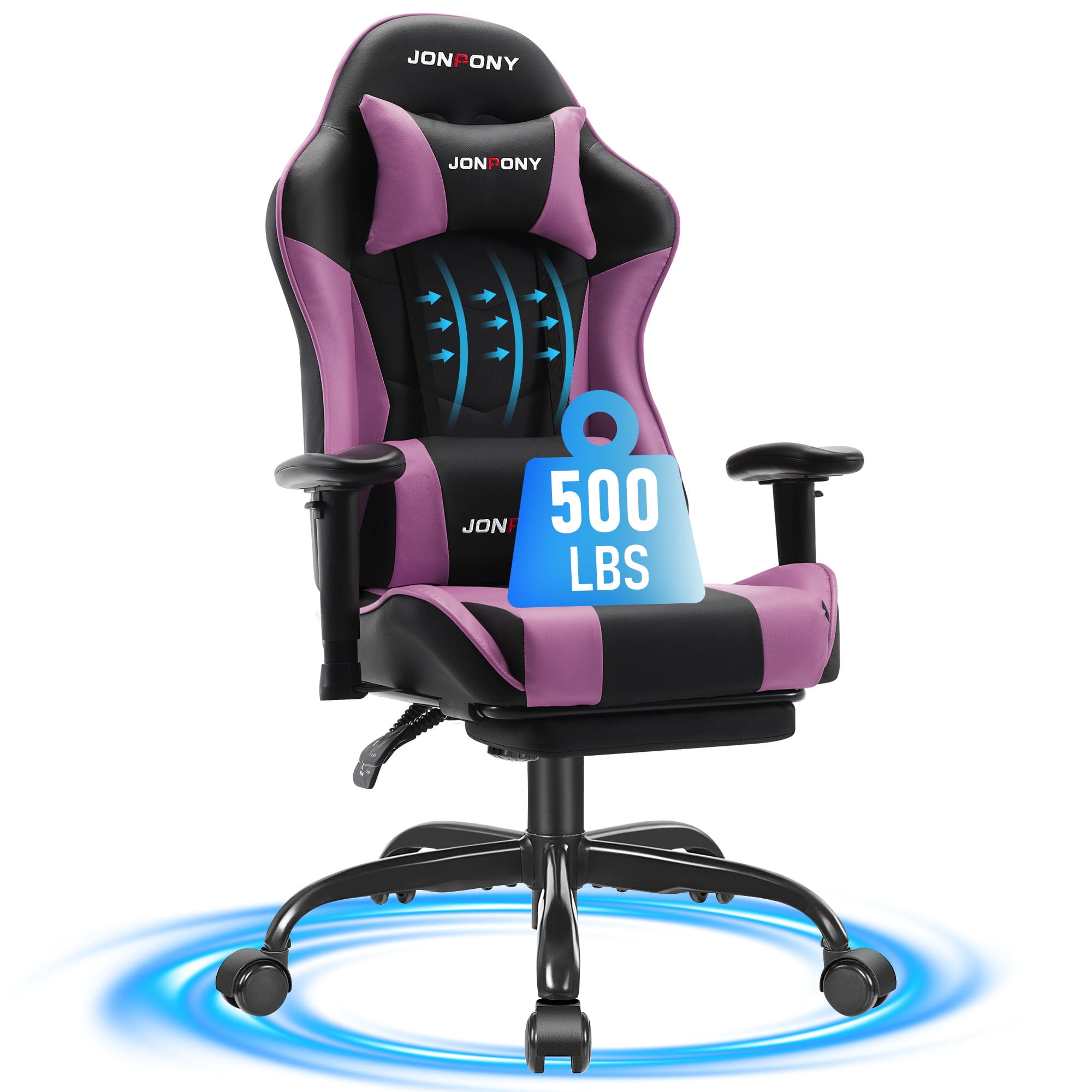JONPONY Big and Tall 500LBS Gaming Chair with Footrest and Lumbar Support, High Back Ergonomic Recliner,Height Adjustable Leather Computer Desk Chair for Home Office, Purple