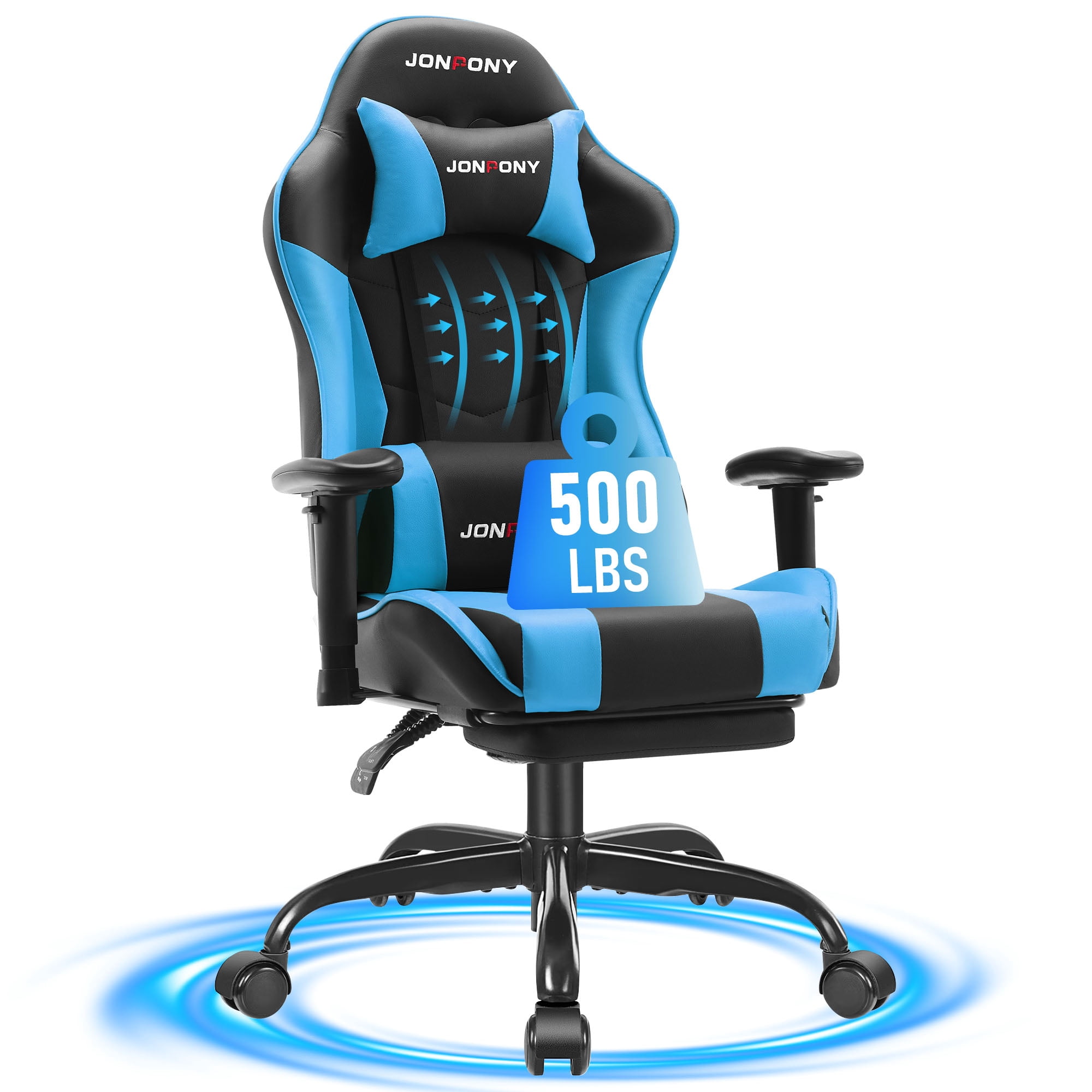JONPONY Big and Tall 500LBS Gaming Chair with Footrest and Lumbar Support, High Back Ergonomic Recliner,Height Adjustable Leather Computer Desk Chair for Home Office, BLue