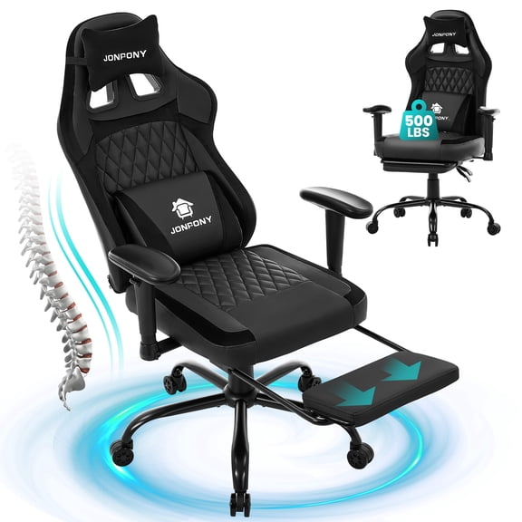 JONPONY Big and Tall 500LBS Ergonomic Gaming Chair, High Back Office Chair with Wide Wingless Seat and Thick Cushion, Comfortable Leather Computer Chair Support Long Sitting,2D Armrests,Black
