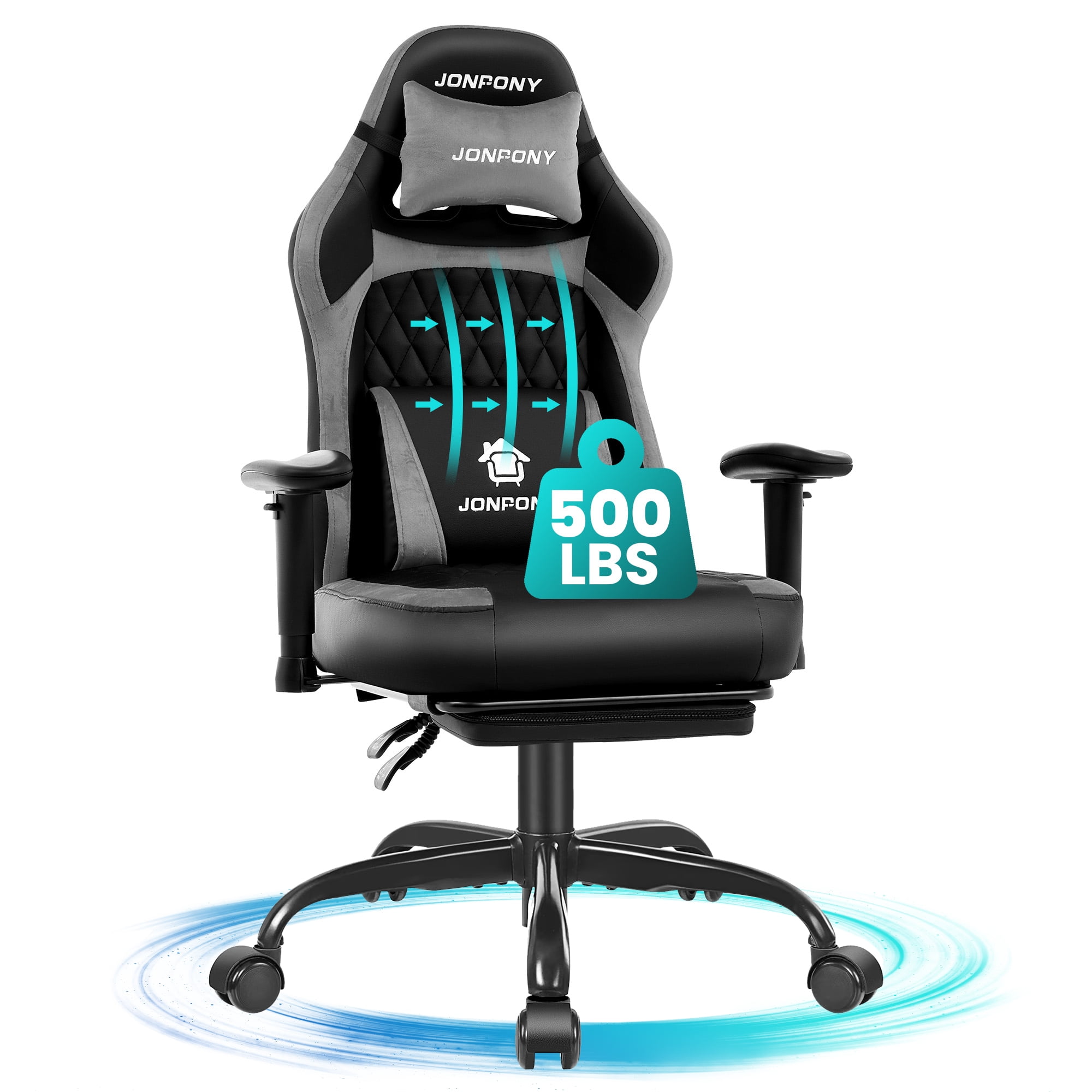 JONPONY Big and Tall 500LBS Ergonomic Gaming Chair, Gamer Chair PU Leather with Footrest and Lumbar Support, High Back Office Chair Support 8 Hours Long Sitting, Computer Chair,2D Armrests，Grey