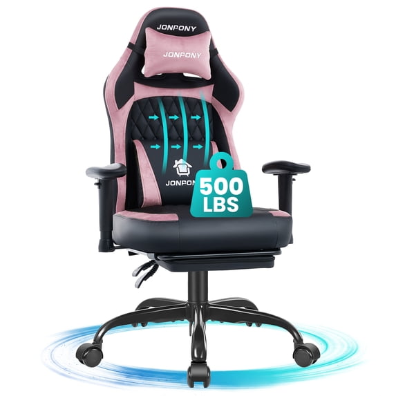 JONPONY Big and Tall 500LBS Ergonomic Gaming Chair, Gamer Chair PU Leather with Footrest and Lumbar Support, High Back Office Chair Support 8 Hours Long Sitting, Computer Chair,2D Armrests,Pink