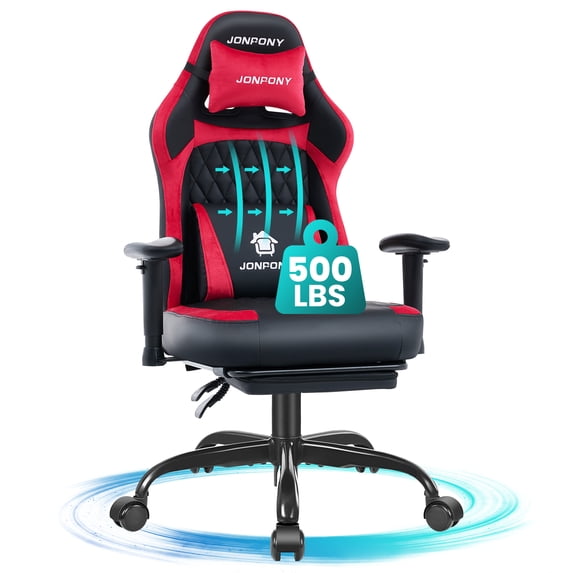 JONPONY Big and Tall 500LBS Ergonomic Gaming Chair, High Back Office Chair with Wide Wingless Seat and Thick Cushion, Comfortable Leather Computer Chair Support Long Sitting,2D Armrests,Red