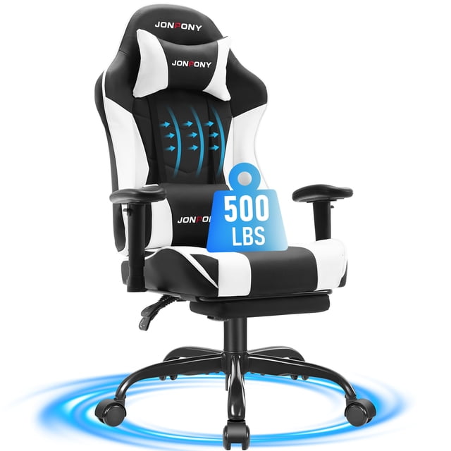 JONPONY Big and Tall 500LBS Gaming Chair with Footrest and Lumbar Support, High Back Ergonomic Recliner,Height Adjustable Leather Computer Desk Chair for Home Office, White