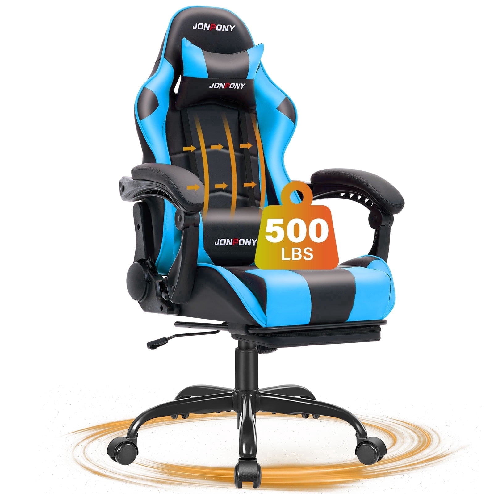 JONPONY Big and Tall 500LBS Gaming Chair, Ergonomic Design, Gamer Chair PU Leather with Footrest and Lumbar Support, High Back Office Chair Support, Long Sitting Computer Chair, Blue