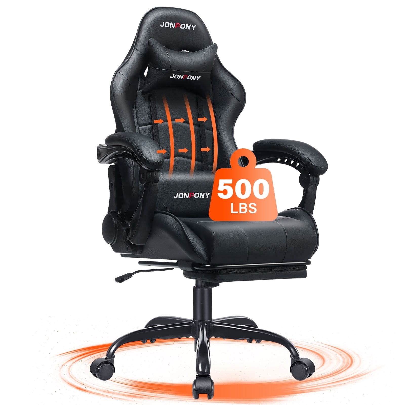 JONPONY Big and Tall 500LBS Gaming Chair, Ergonomic Design, Gamer Chair PU Leather with Footrest and Lumbar Support, High Back Office Chair Support, Long Sitting Computer Chair, Black