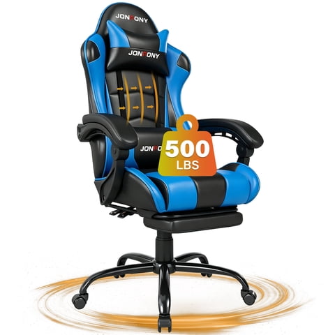 JONPONY Big and Tall Gaming Chair, Ergonomic Design, Gamer Chair PU Leather with Footrest and Lumbar Support, High Back Office Chair Support, Long Sitting Computer Chair, Blue