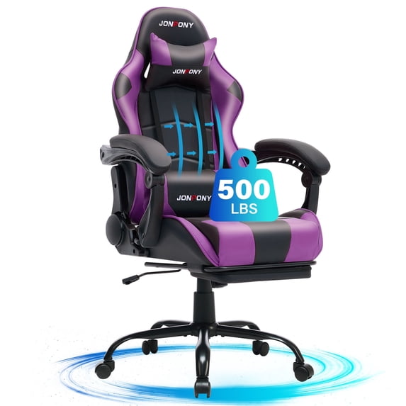 JONPONY Big and Tall 500LBS Gaming Chair, Ergonomic Design, Gamer Chair PU Leather with Footrest and Lumbar Support, High Back Office Chair Support, Long Sitting Computer Chair, Purple