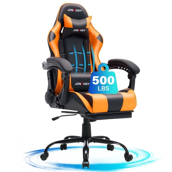 JONPONY Big and Tall 500LBS Gaming Chair, Ergonomic Design, Gamer Chair PU Leather with Footrest and Lumbar Support, High Back Office Chair Support, Long Sitting Computer Chair, Orange