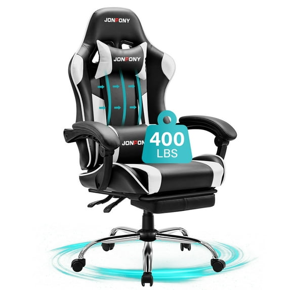 JONPONY Big and Tall Gaming Chair, Ergonomic Design, Gamer Chair PU Leather with Footrest and Lumbar Support, High Back Office Chair Support 8 Hours Long Sitting, Computer Chair,Black White