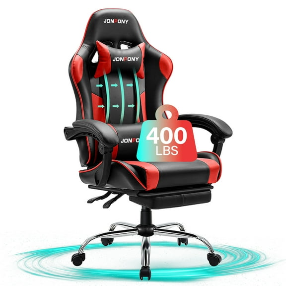 JONPONY Big and Tall Gaming Chair, Ergonomic Design, Gamer Chair PU Leather with Footrest and Lumbar Support, High Back Office Chair Support 8 Hours Long Sitting, Computer Chair,Black RED