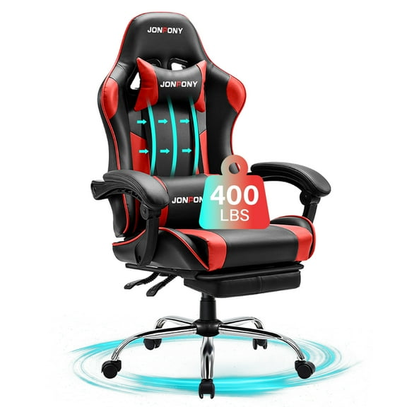 JONPONY Big and Tall Gaming Chair, Ergonomic Design, Gamer Chair PU Leather with Footrest and Lumbar Support, High Back Office Chair Support 8 Hours Long Sitting, Computer Chair,Black RED