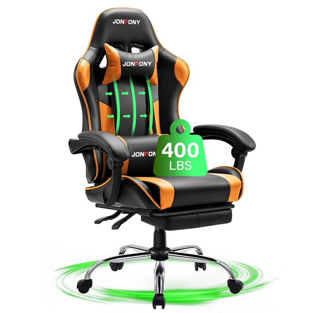 JONPONY Big and Tall Gaming Chair, Ergonomic Design, Gamer Chair PU Leather with Footrest and Lumbar Support, High Back Office Chair Support 8 Hours Long Sitting, Computer Chair,Orange