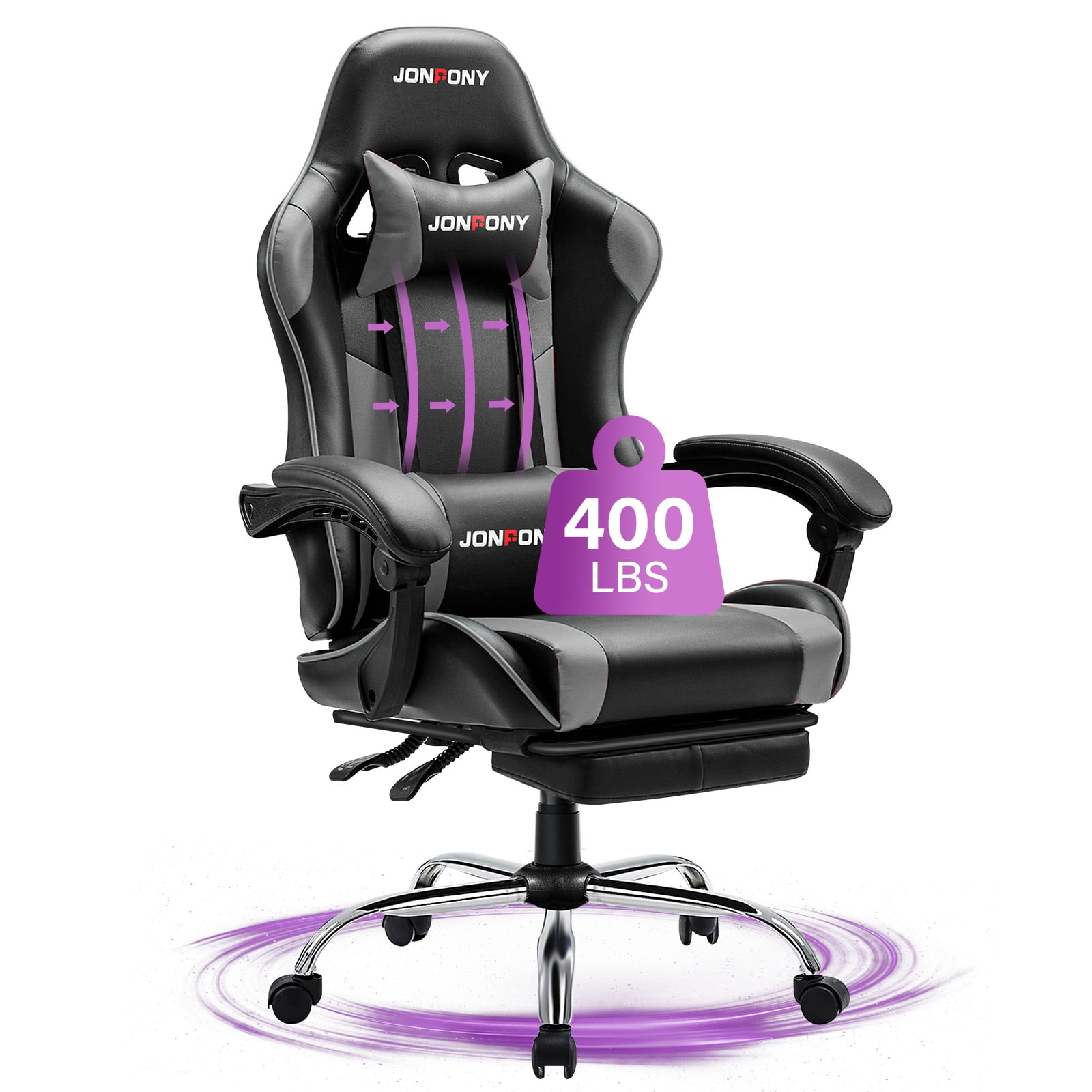 JONPONY Big and Tall Gaming Chair, Ergonomic Design, Gamer Chair PU Leather with Footrest and Lumbar Support, High Back Office Chair Support 8 Hours Long Sitting, Computer Chair,Black Grey
