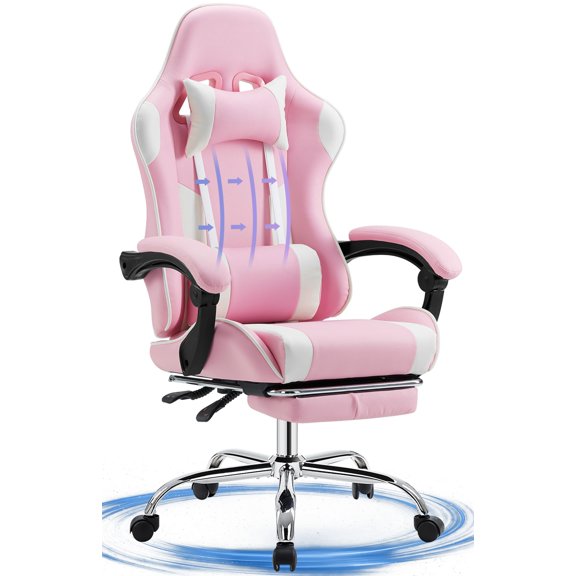 JONPONY Big and Tall Gaming Chair, Ergonomic Design, Gamer Chair PU Leather with Footrest and Lumbar Support, High Back Office Chair Support 8 Hours Long Sitting, Computer Chair,Pink White