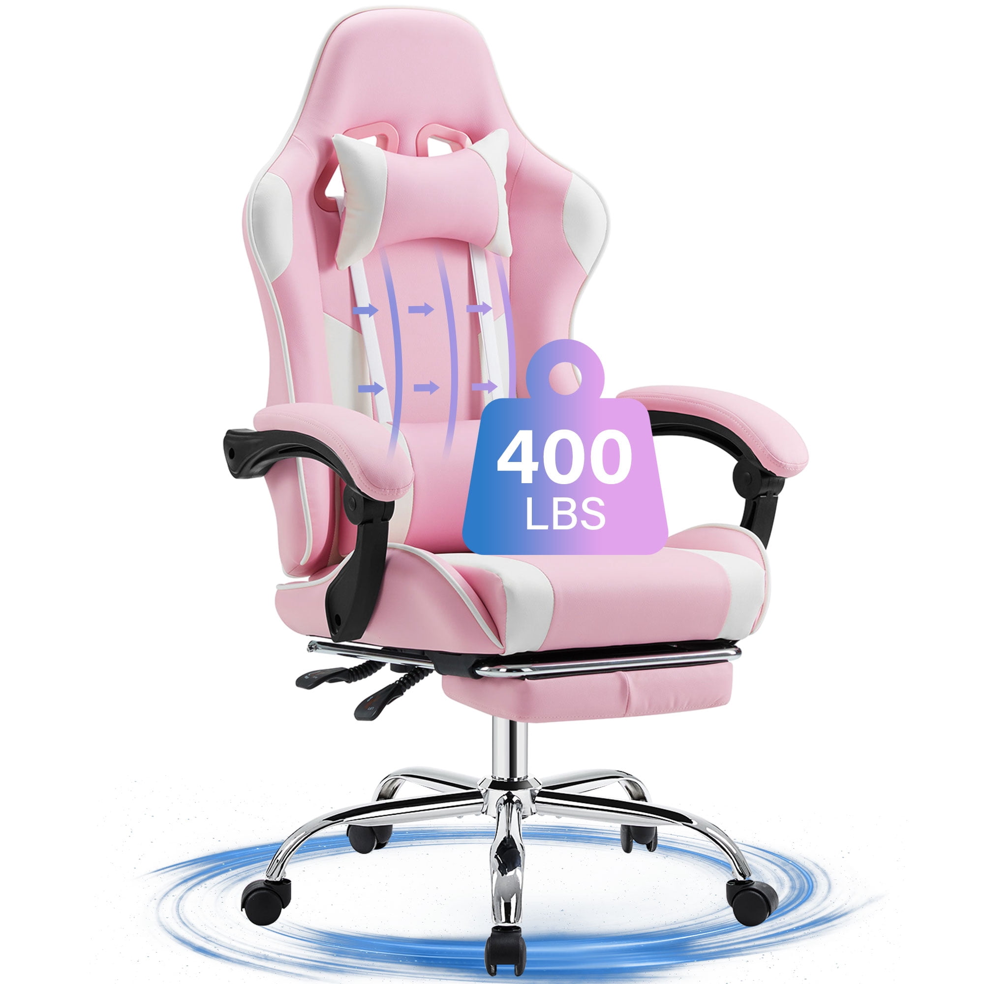 JONPONY Big and Tall Gaming Chair, Ergonomic Design, Gamer Chair PU Leather with Footrest and Lumbar Support, High Back Office Chair Support 8 Hours Long Sitting, Computer Chair,Pink White