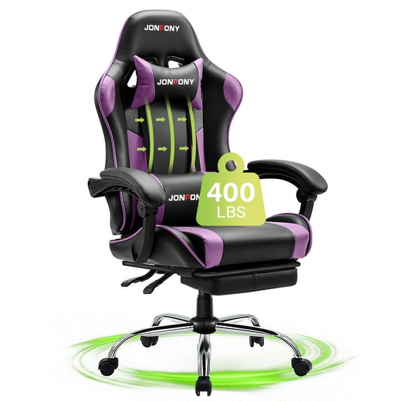 JONPONY Big and Tall Gaming Chair, Ergonomic Design, Gamer Chair PU Leather with Footrest and Lumbar Support, High Back Office Chair Support 8 Hours Long Sitting, Computer Chair,Purple