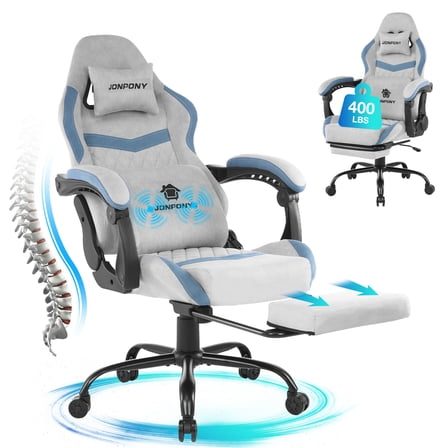 JONPONY Big and Tall Gaming Chair, Computer Chair with Footrest and Massage Lumbar Support, Height Adjustable Game Chair with Headrest and Swivel Seat，GREY